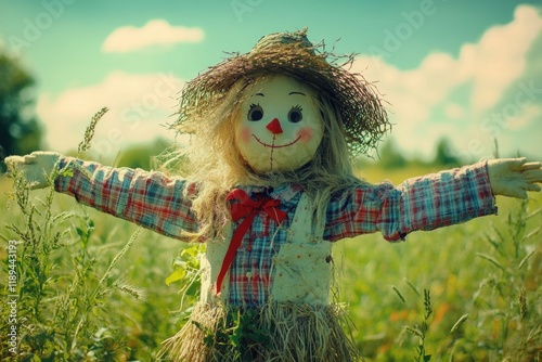 A lone scare doll stands amidst a field of tall grass, looking eerie and abandoned photo