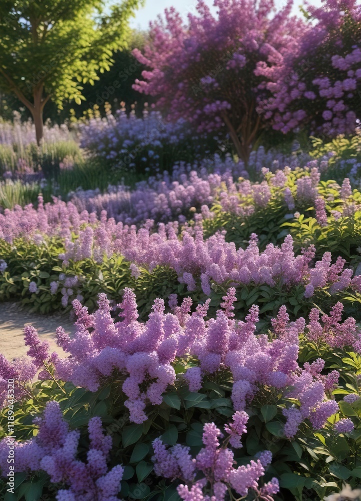 Obraz premium A garden bed filled with lilac bushes in full bloom, garden bed, purple blooms