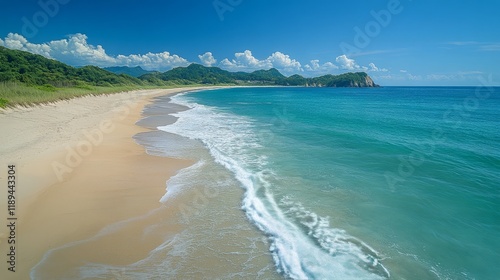Coastal view of a serene beach with clear turquoise waters and lush green hil...
