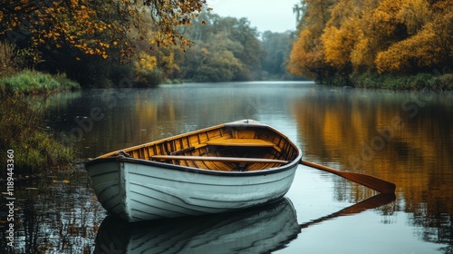 Serene wooden boat floating on calm river surrounded by lush greenery during ...