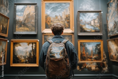 Exploring art in a gallery with historical paintings on display and an observ...