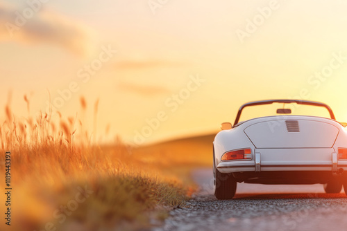 vintage car driving on scenic road at sunset, surrounded by nature beauty