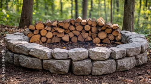 Stacked firewood on a stone base surrounded by autumn foliage in a tranquil f...
