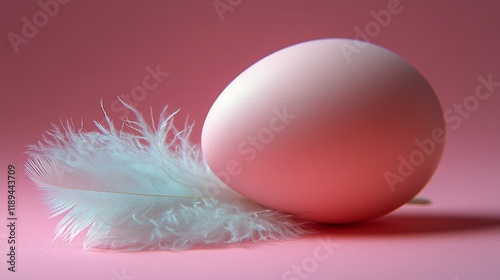 Delicate pink egg resting on stone with soft white feather beside it