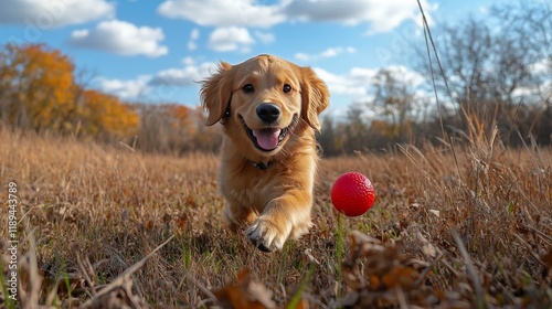 Golden retriever puppy joyfully running in a sunny park setting during autumn