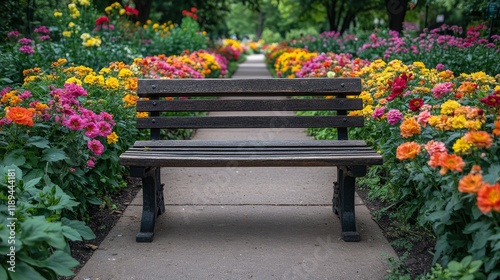 Peaceful wooden bench surrounded by colorful tulips in a vibrant spring garde...