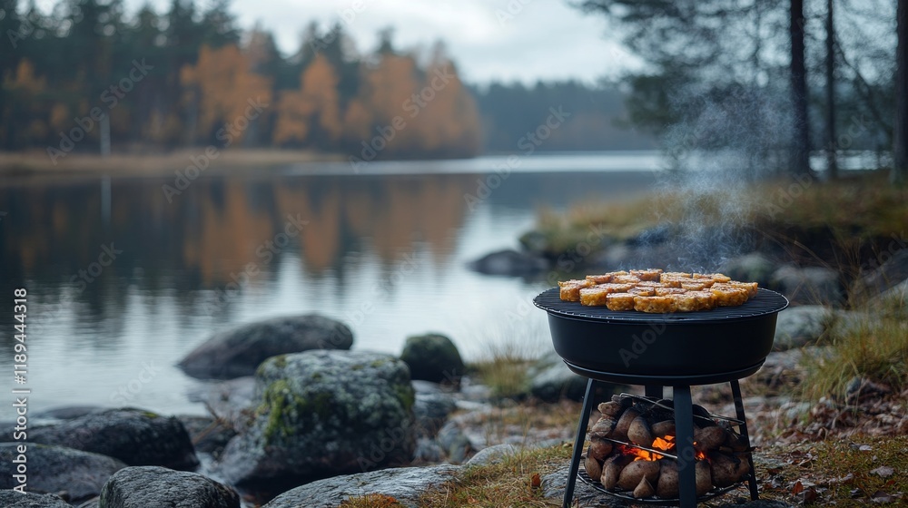 Grilling over a serene lake surrounded by autumn foliage on a cool evening Grilling over a serene lake surrounded by autumn foliage on a cool evening