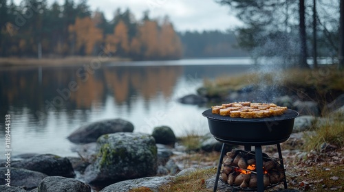 Grilling over a serene lake surrounded by autumn foliage on a cool evening