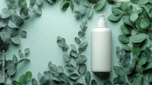 Bottle of lotion surrounded by fresh green leaves on a light green background
