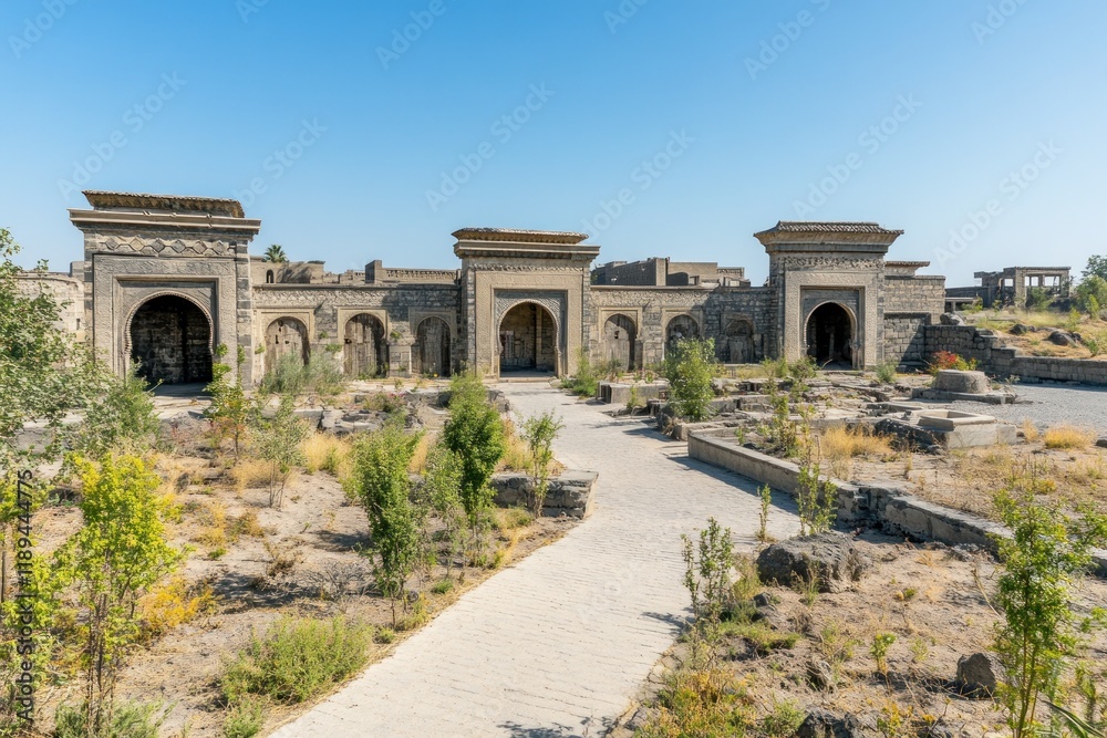 Obraz premium Ancient ruins pathway, sunny day, overgrown plants, clear sky, historical site tourism