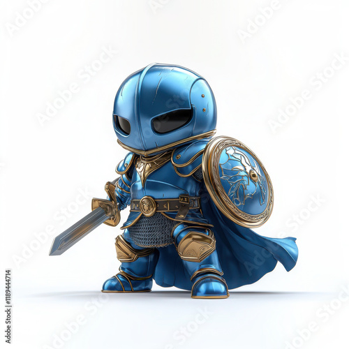 A chibi-style knight in blue and gold armor, holding a sword and shield, stands ready for battle.