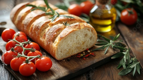 Freshly baked bread surrounded by tomatoes and olive oil on wooden board