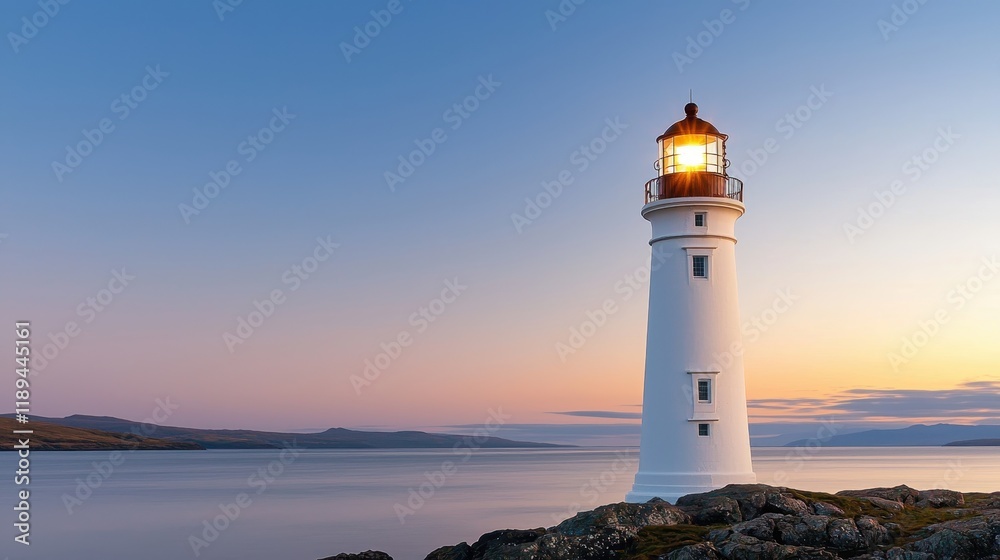 Tall Lighthouse on Rocky Shore at Sunset Tall Lighthouse on Rocky Shore at Sunset