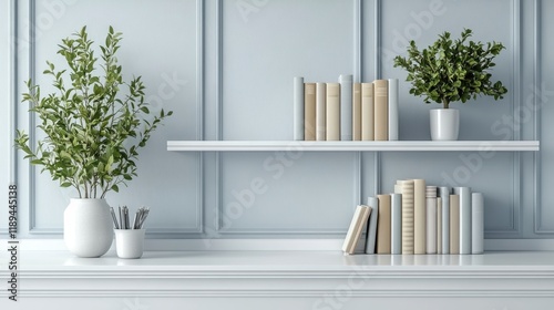 Modern home decor with books and plants on a stylish shelf against a light bl...