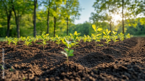 Young plants are thriving in a neat row in a garden under bright sunlight