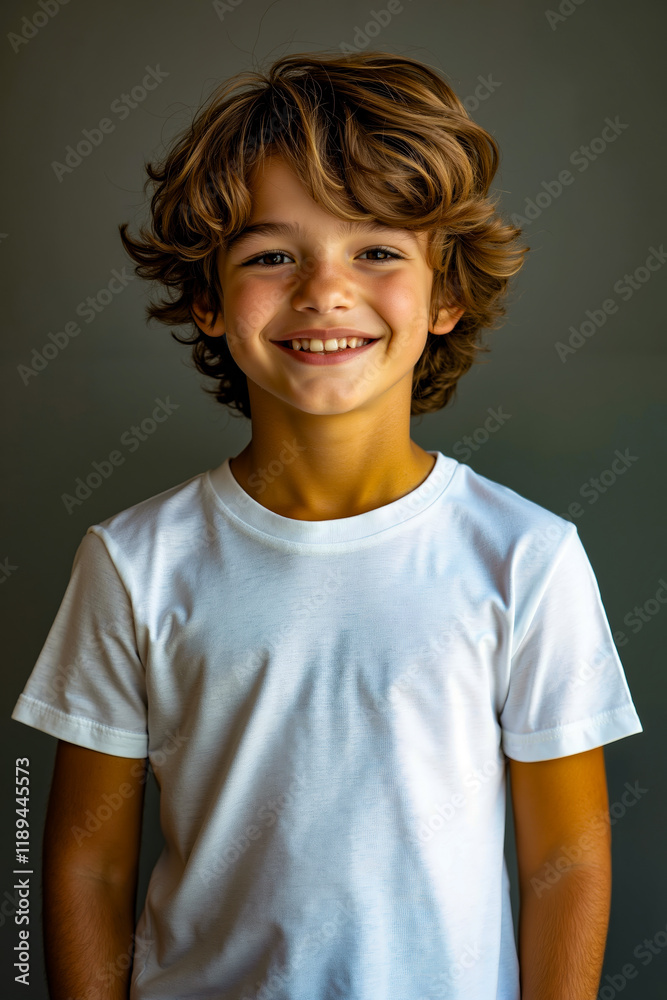A young boy with curly hair smiles at the camera A young boy with curly hair smiles at the camera