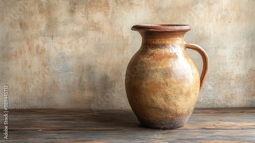 Beautiful handcrafted clay pot displayed against a textured wall in warm tones