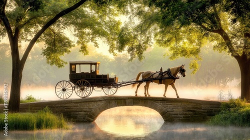Horse-drawn carriage on bridge at sunrise, misty park. Romantic travel postcard