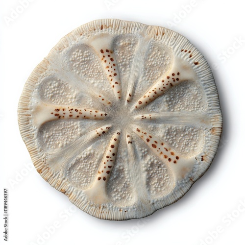 top view of a sand dollar with brown spots on a white background