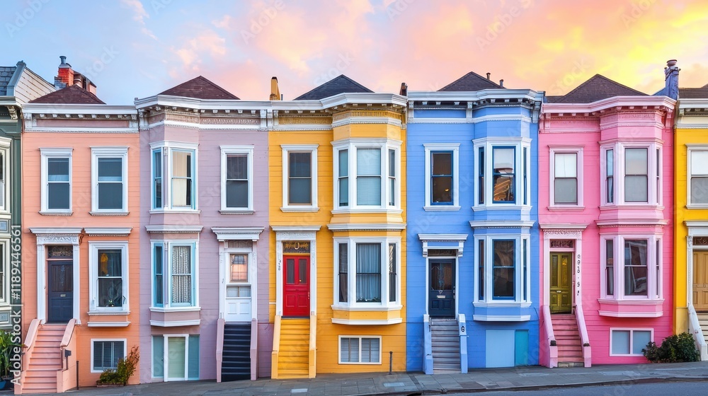 Obraz premium Colorful Victorian Homes on a Sloped Street