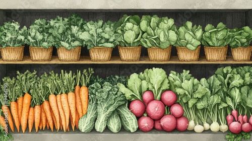 Vegetablefilled farmers market stall in earthy tones illustration photo