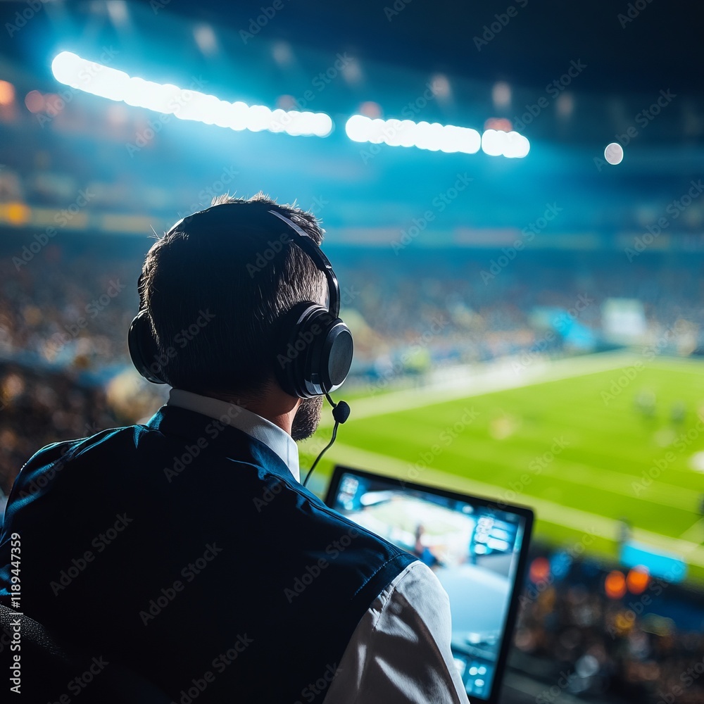 sports commentator sits at the monitor against the backdrop of a football field