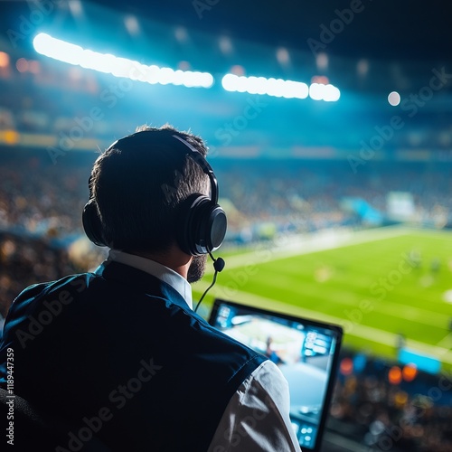 sports commentator sits at the monitor against the backdrop of a football field
