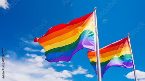 Pride theme, rainbow flag, LGBTQ+ waving proudly, blue sky photo