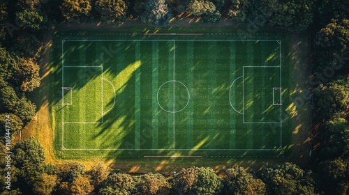 Scenic autumn view of a soccer field surrounded by colorful trees at sunset