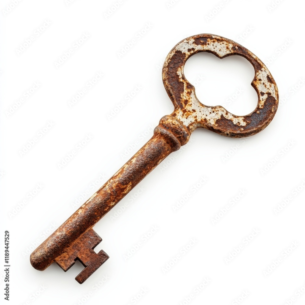 close-up of an old rusty key on a white background close-up of an old rusty key on a white background