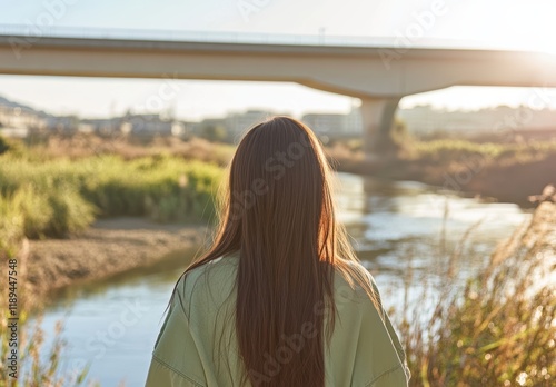 川のほとりで夕日を浴びる女性の後ろ姿 photo