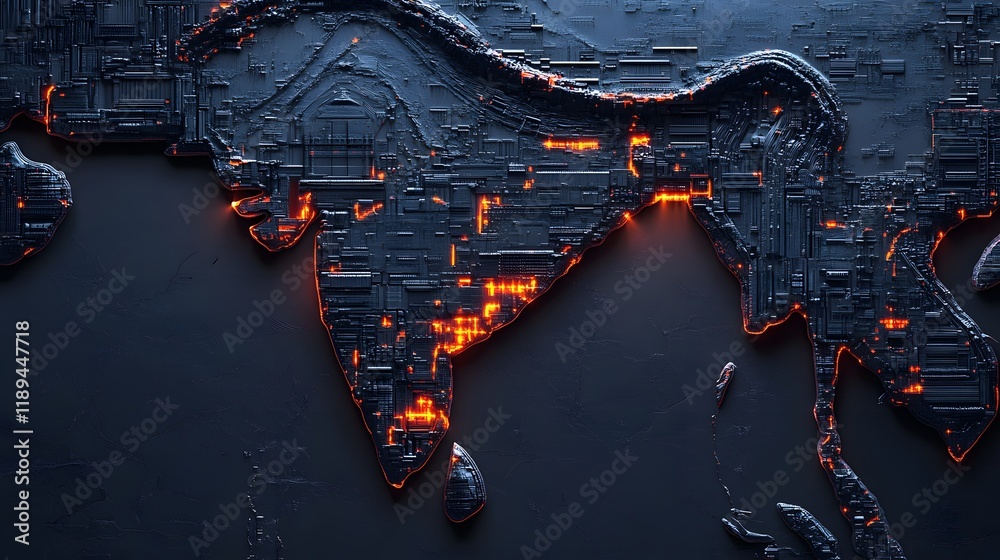 Obraz premium Glowing India map circuit board, technology, global network, dark background, data visualization