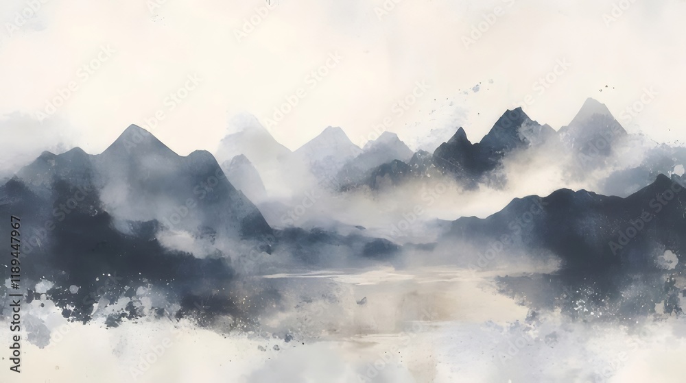 Misty mountain range watercolor painting.