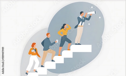 Business Leadership Concept. Vector illustration in flat style of a group of diverse people in business outfits walking up the steps following a leader looking ahead. Isolated on background