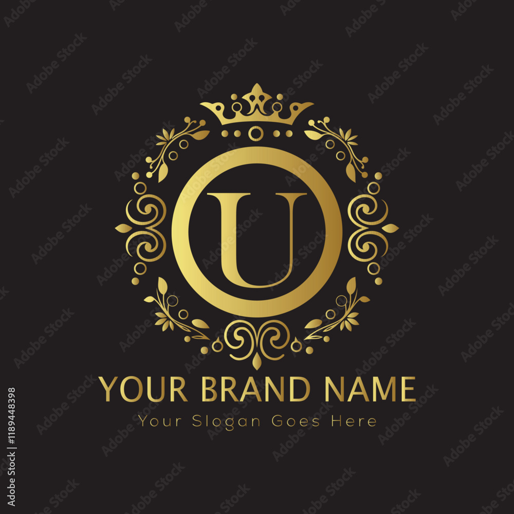 Fototapeta premium Letter Luxury brand logo design with a royal gold crown emblem and elegant typography