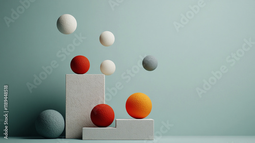 Colorful spheres arranged artistically on geometric blocks
