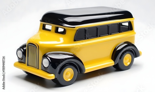 Yellow and black vintage toy bus model.