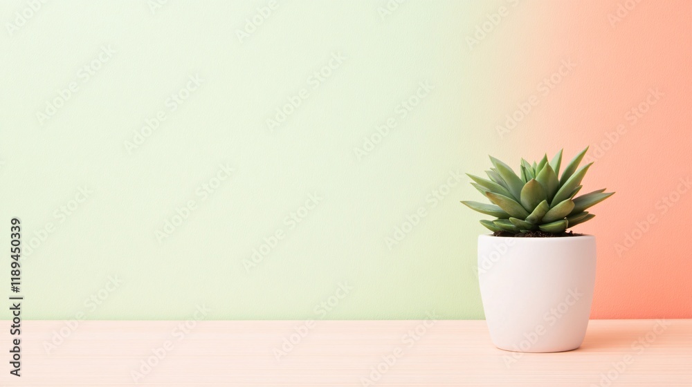 Fototapeta premium Minimalist Succulent Plant in White Pot on Wooden Table