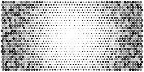 Polka dot pattern background. Gradient screen vector matrix. Seamless ai noise monochrome frame. Circle fade, color transform technology. Abstract gray point connect shape. Disappear digital raster