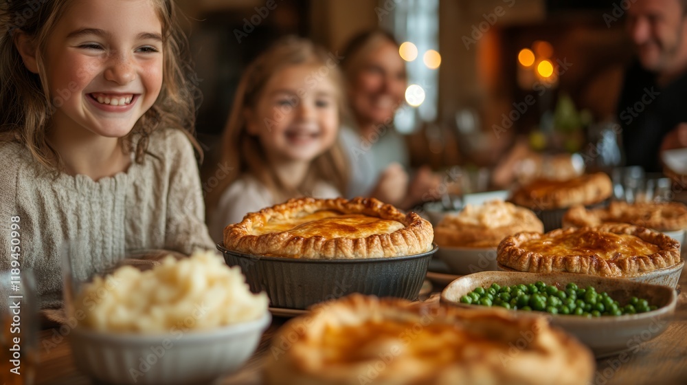Happy Family Enjoying a Cozy Meal with Homemade Pies on British Pie Week 8 Happy Family Enjoying a Cozy Meal with Homemade Pies on British Pie Week 8