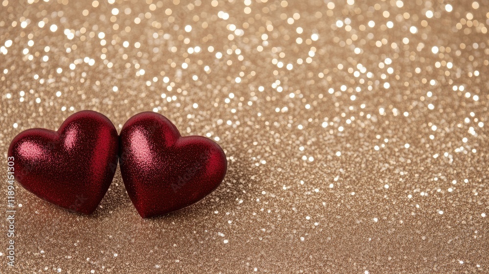 Obraz premium Two vibrant red hearts set against a soft beige backdrop illuminated by bokeh lights, perfect for Valentine's Day messages and designs