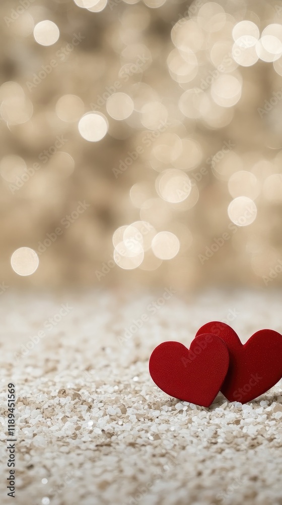 Two vibrant red hearts set against a soft beige backdrop illuminated by bokeh lights, perfect for Valentine's Day messages and designs Two vibrant red hearts set against a soft beige backdrop illuminated by bokeh lights, perfect for Valentine's Day messages and designs