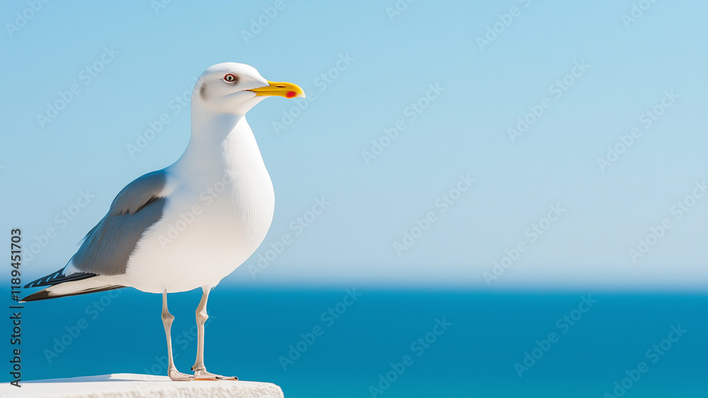 Nahaufnahme von Möwe an Küste, Meer und blauer Himmel mit Platz für Text im Hintergrund Nahaufnahme von Möwe an Küste, Meer und blauer Himmel mit Platz für Text im Hintergrund
