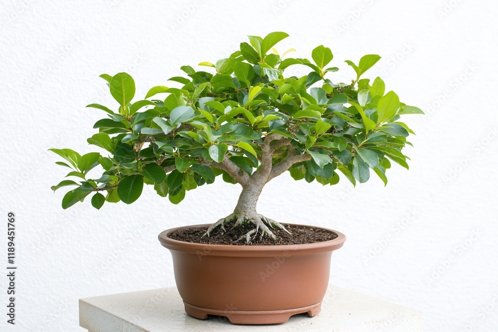 Fototapeta premium Lush bonsai tree in brown pot, against white wall, indoor setting, for home decor