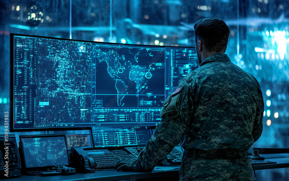 Fototapeta premium U.S. Army communication officer operating advanced technology in a tactical environment, wearing military gear and headset, with high-tech equipment and dim, strategic lighting