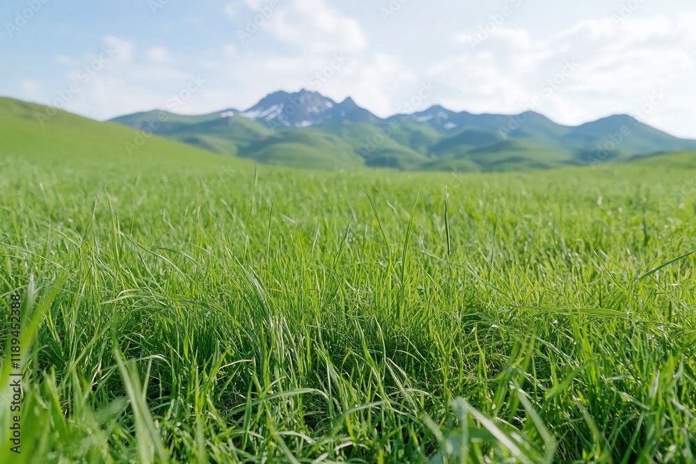 Fototapeta premium Lush green field, mountain backdrop; serene nature landscape; peaceful scenery; travel photography