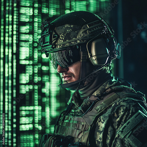 U.S. Army communication officer operating advanced technology in a tactical environment, wearing military gear and headset, with high-tech equipment and dim, strategic lighting photo