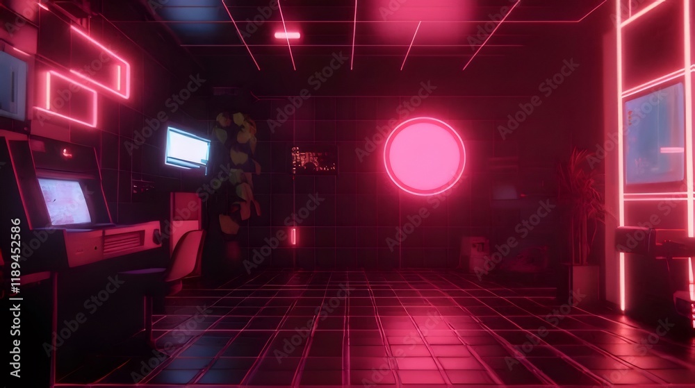 Retro futuristic room with neon lights, computers, and plants. Retro futuristic room with neon lights, computers, and plants.