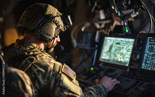 U.S. Army communication officer operating advanced technology in a tactical environment, wearing military gear and headset, with high-tech equipment and dim, strategic lighting