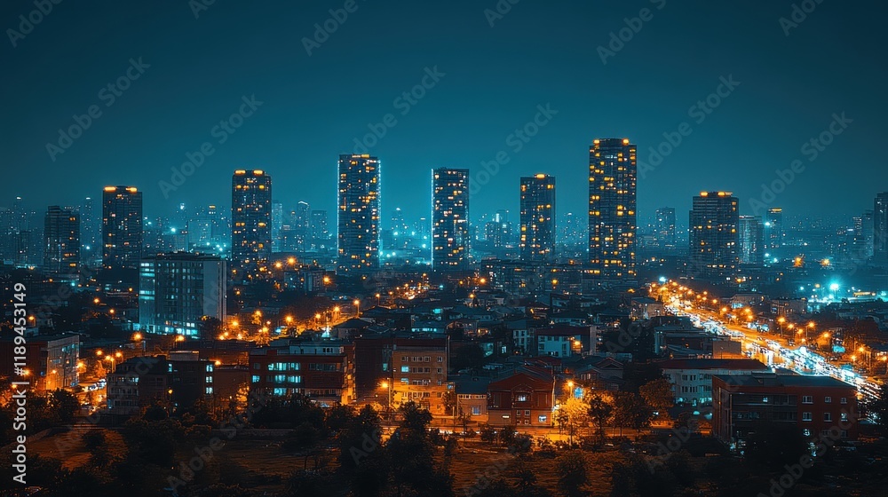 Nighttime Urban Skyline with Illuminated High-Rises and City Streets Nighttime Urban Skyline with Illuminated High-Rises and City Streets
